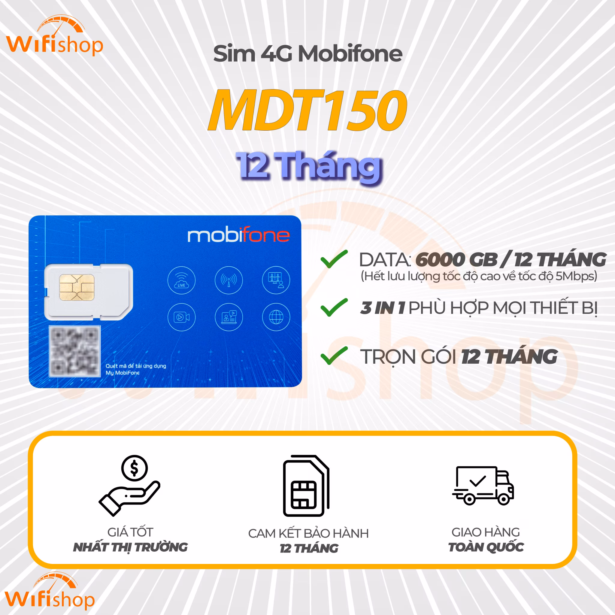 Sim 4G Mobifone MDT150 tặng 500GB/tháng, nạp hàng tháng