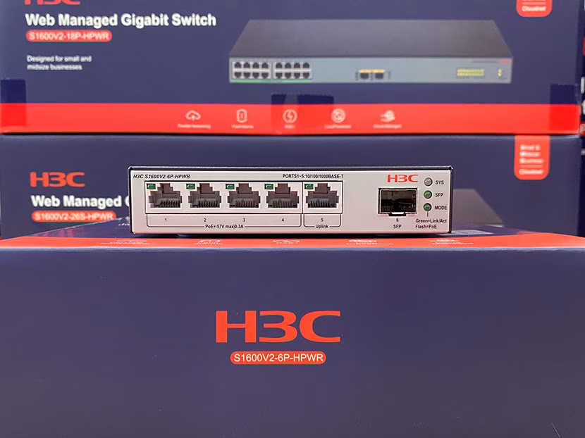 Switch PoE H3C Layer 2 18 Port Gigabit LS-1600V2-18P-HPWR-GL với công suất PoE 240W, cung cấp hiệu suất mạng mạnh mẽ và khả năng cấp nguồn cho nhiều thiết bị.
