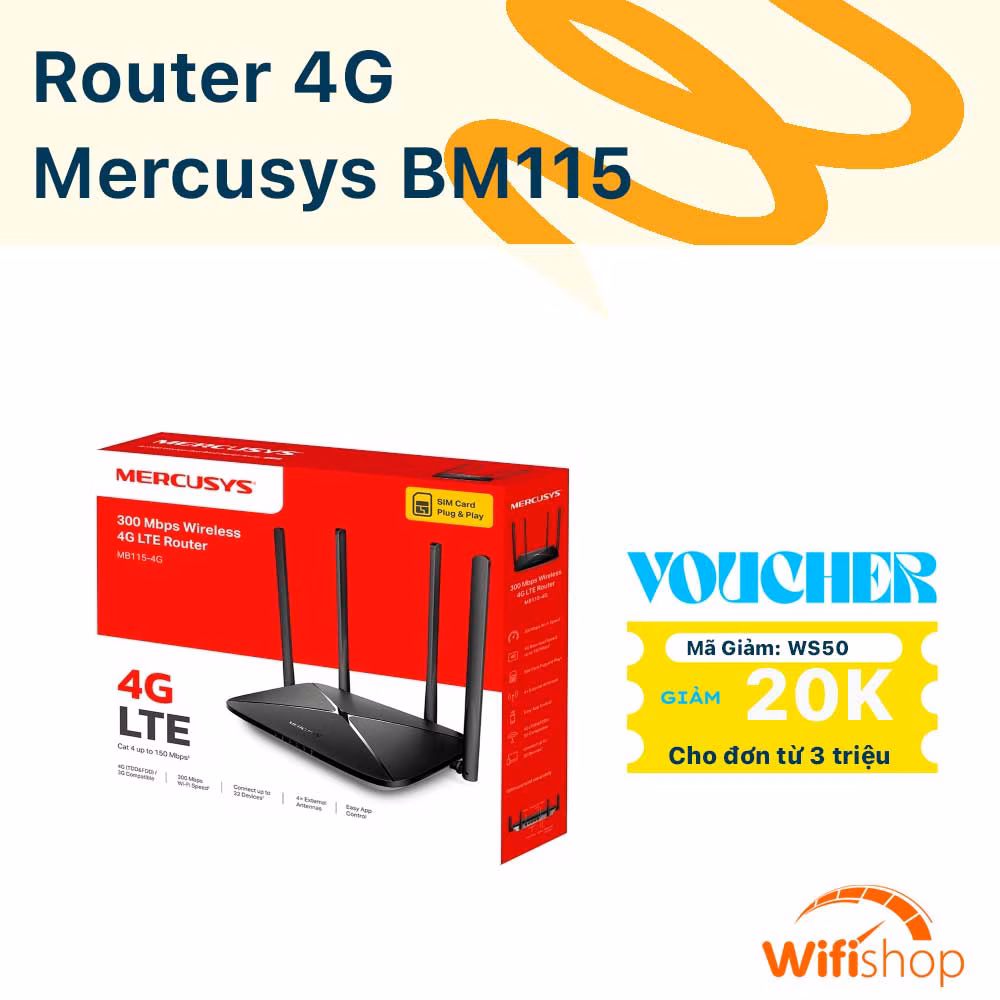 Bộ Phát Wifi 4G Mercusys BM115 tốc độ 300Mbps kết nối 32 thiết bị